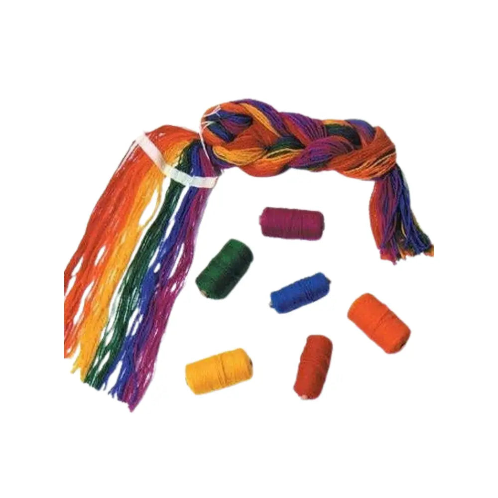 Colorful wool rainbow yarn for rigid heddle loom with separate colored strands on a white background