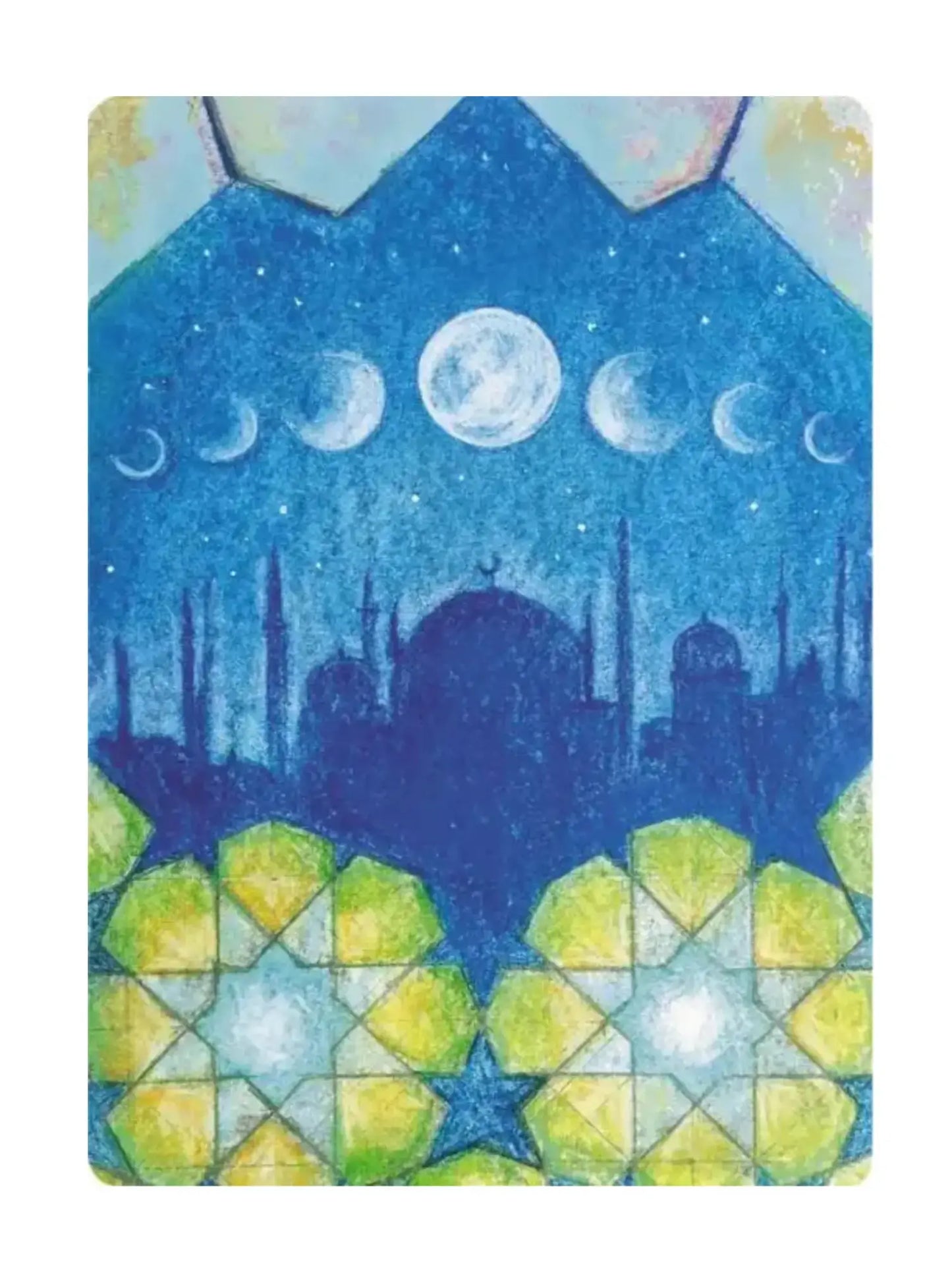 Decorative Ramadan Mubarak chalk art Card with Moons, city silhouette and geometric stars