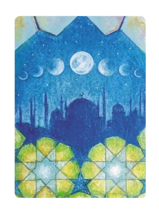 Decorative Ramadan Mubarak chalk art Card with Moons, city silhouette and geometric stars
