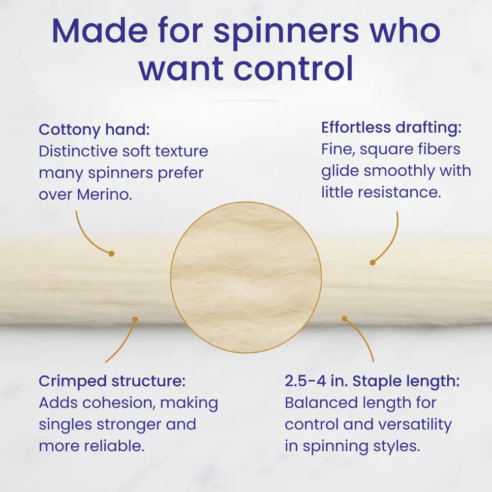 Text description of features made for spinners who want control, with a close-up of Rambouillet Wool Combed Top