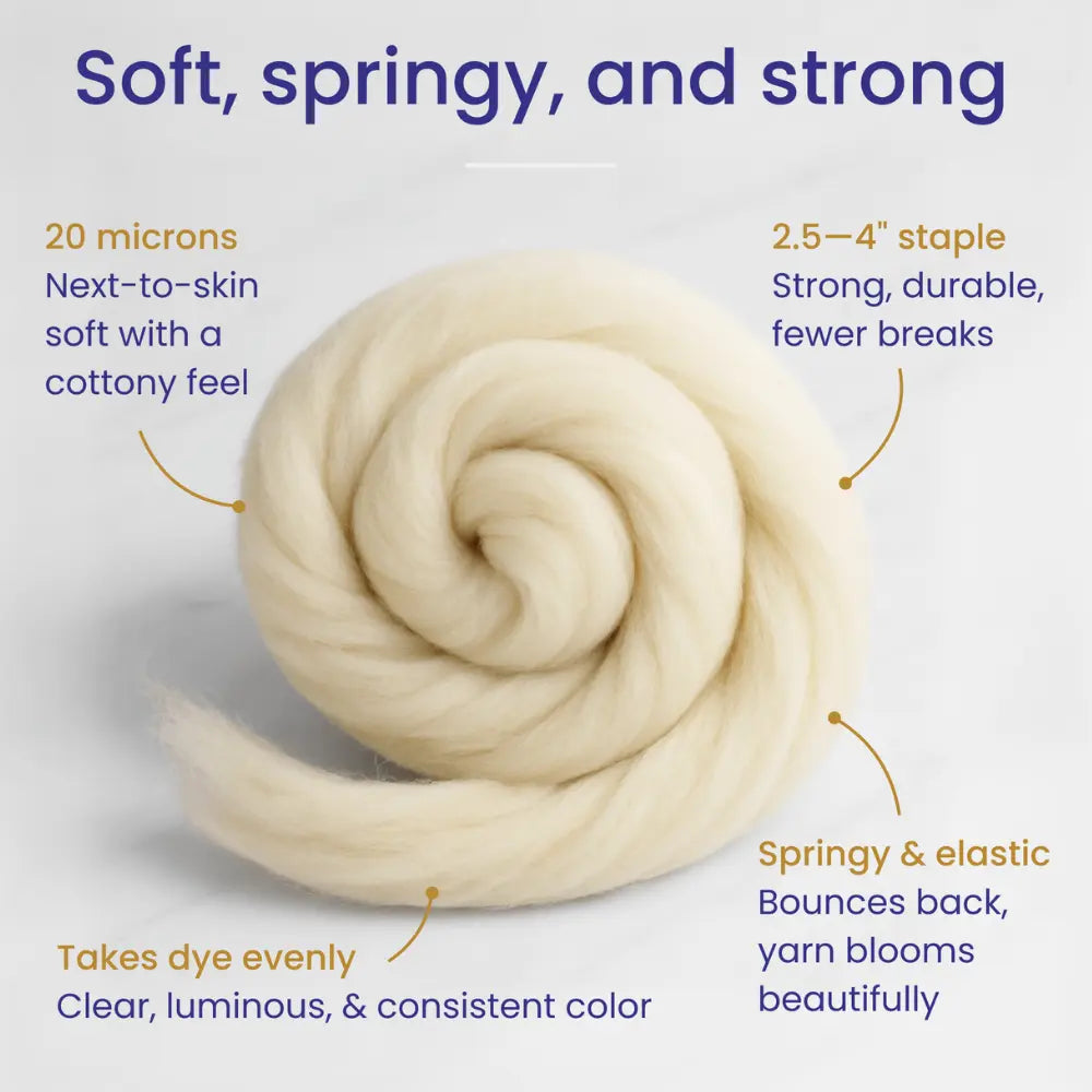 Rambouillet Wool Combed Top with text of 20 microns, 2.5 to 4 inch staple, springy, elastic, evenly dyes