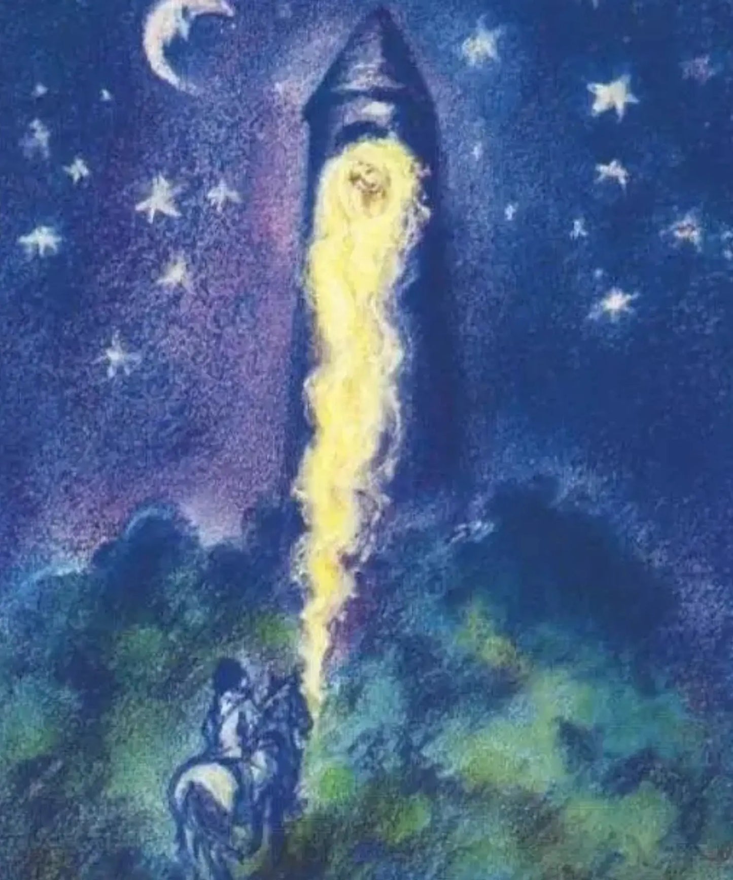 Illustration of Rapunzel in her Tower at Night by Marjan van Zeyl