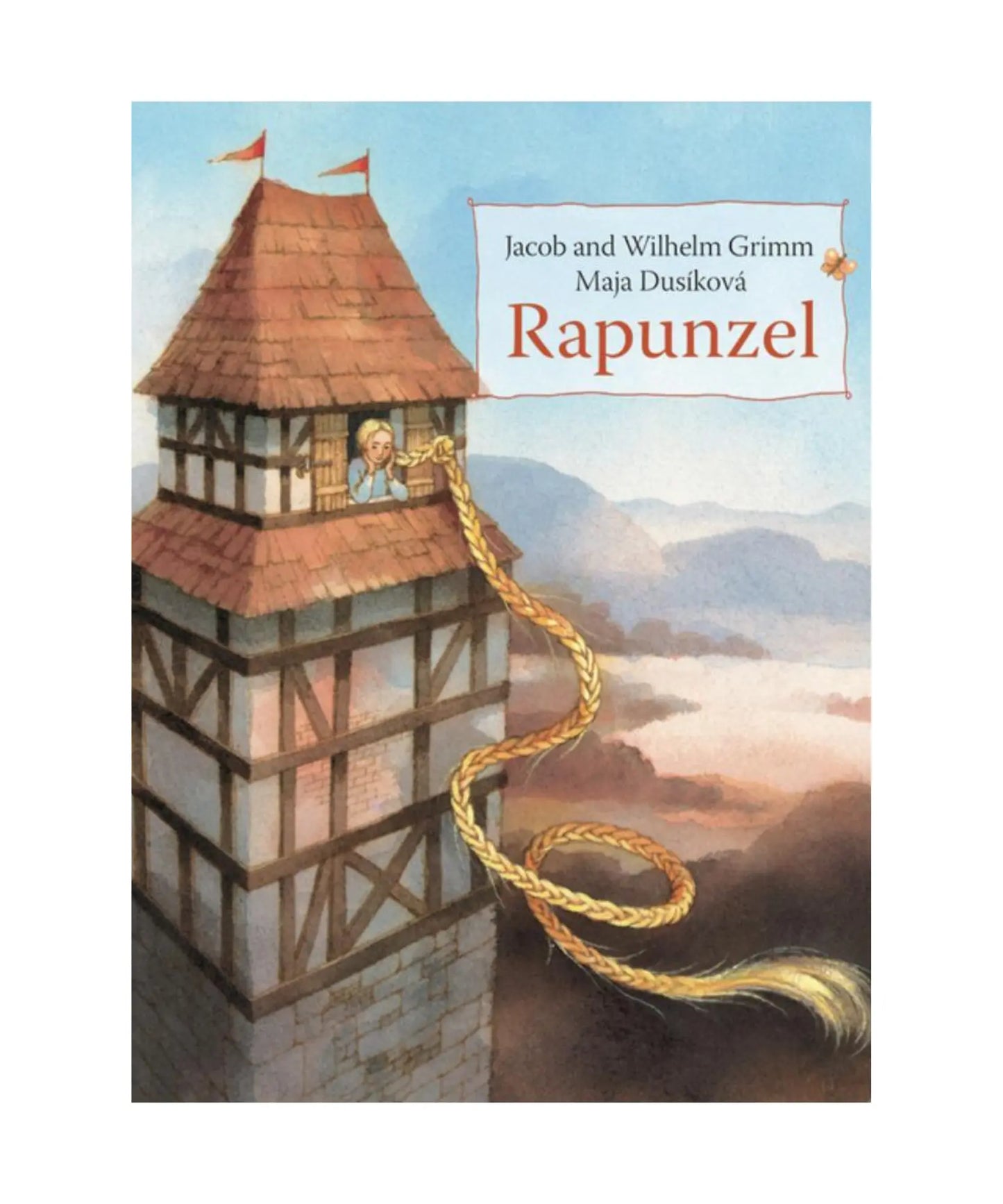Book cover of 'Rapunzel' by Jacob and Wilhelm Grimm with a tower and rope illustration.