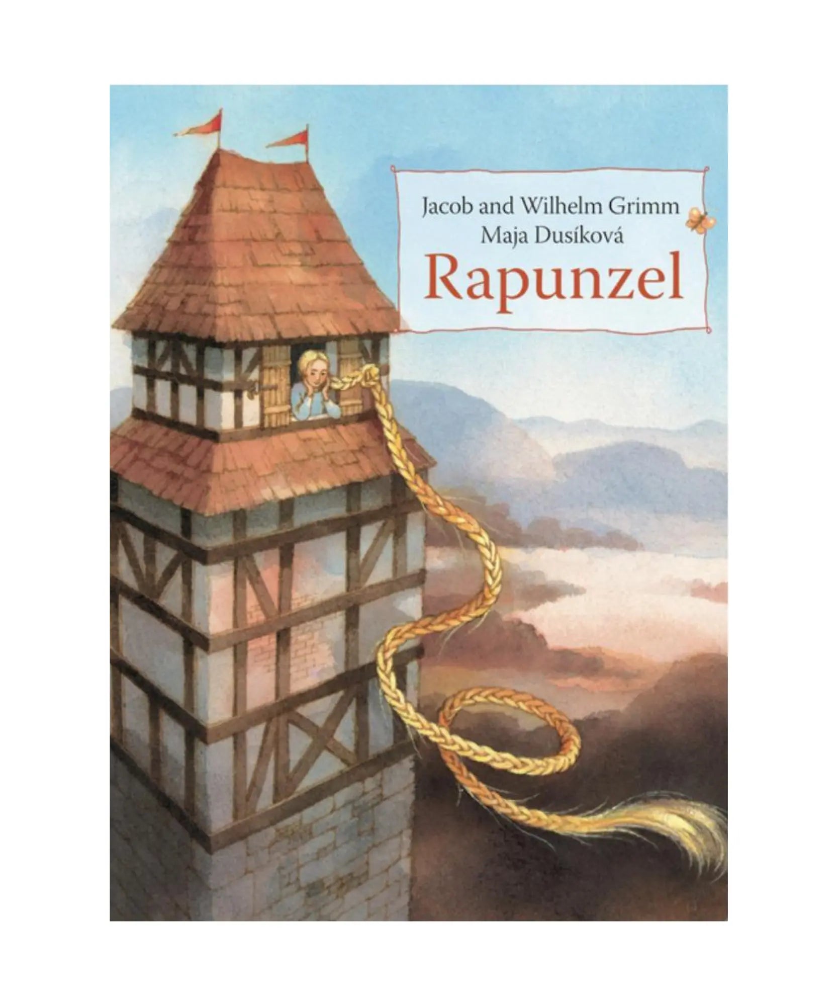 Book cover of 'Rapunzel' by Jacob and Wilhelm Grimm with a tower and rope illustration.
