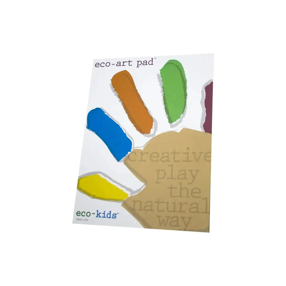 Eco-art pad with colorful handprints on a white background