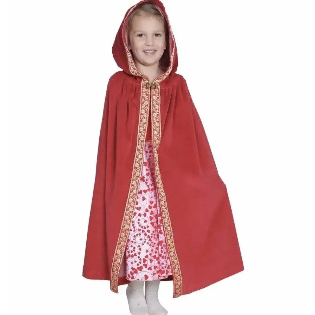 Child wearing red cotton velour hooded cape with gold trim for dress-up and imaginative play