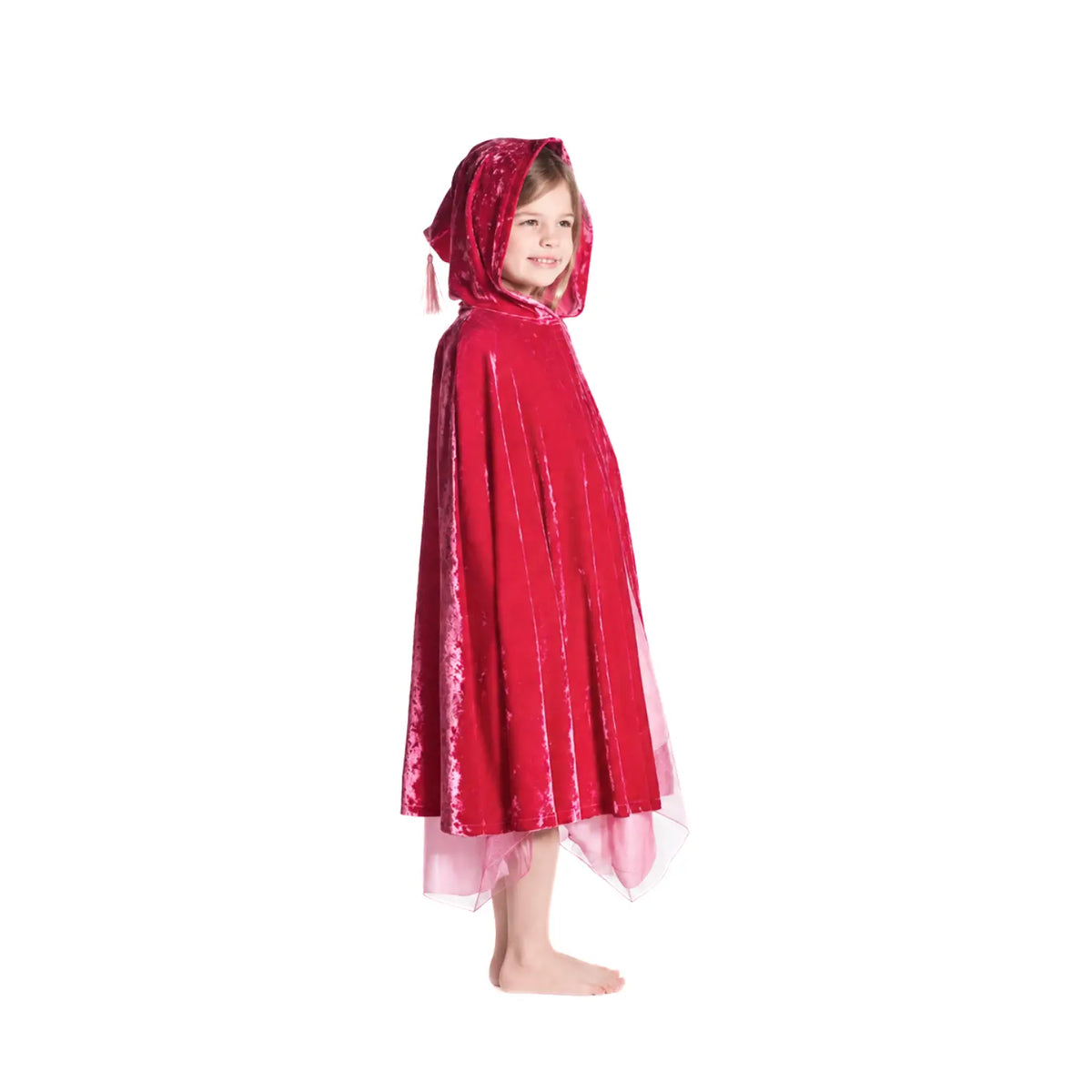 Child wearing red crushed velvet hooded dress-up cape on white background