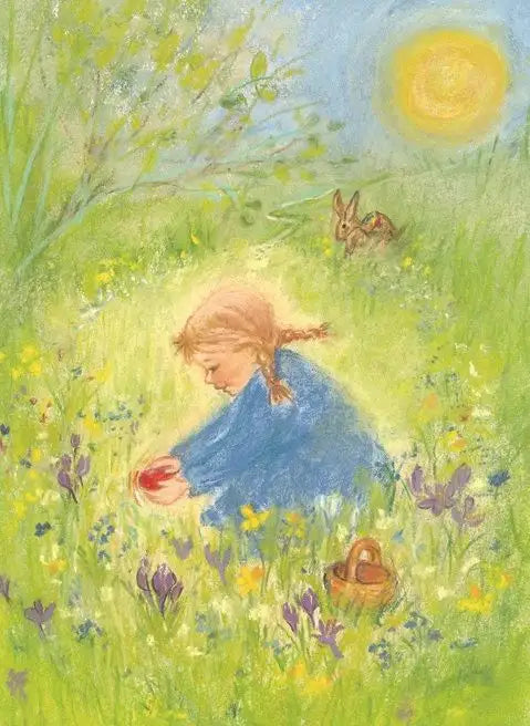 Illustration of a girl in a blue dress picking flowers in a field with a butterfly and sun in the background.