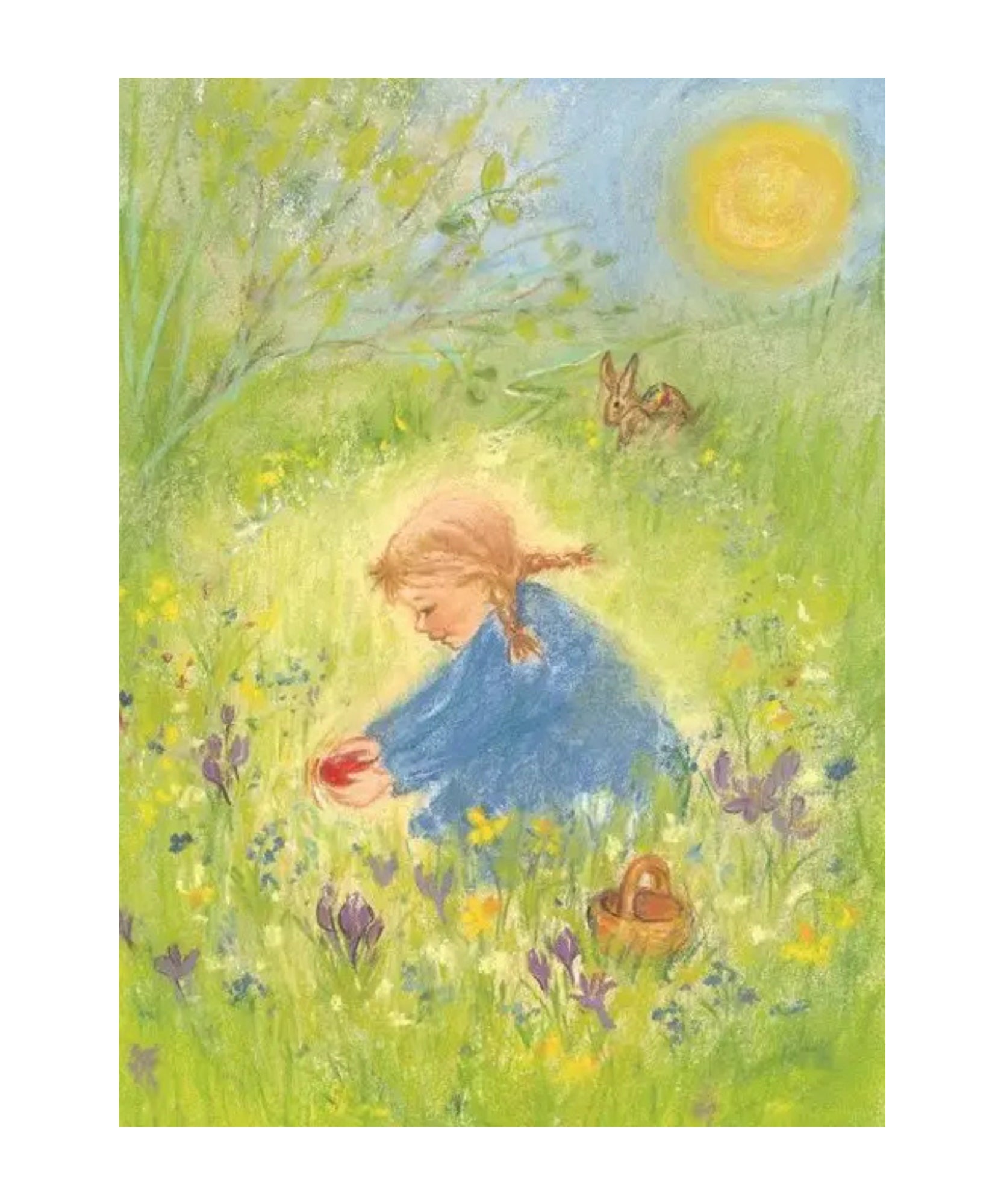 Illustration of a girl in a blue dress picking flowers in a field with a butterfly and sun in the background.