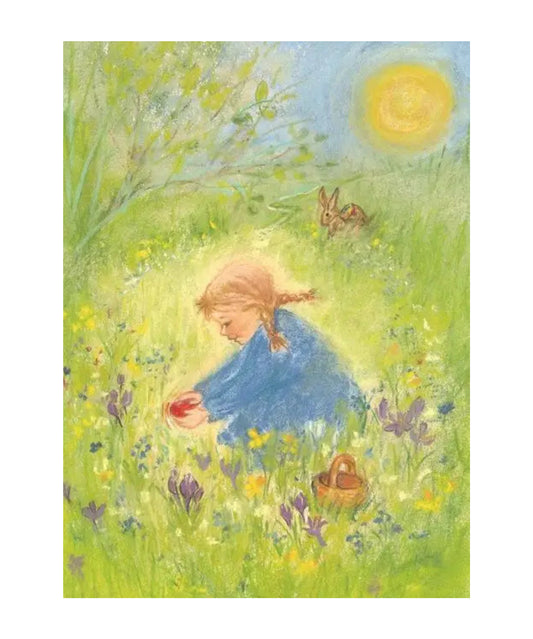Illustration of a girl in a blue dress picking flowers in a field with a butterfly and sun in the background.
