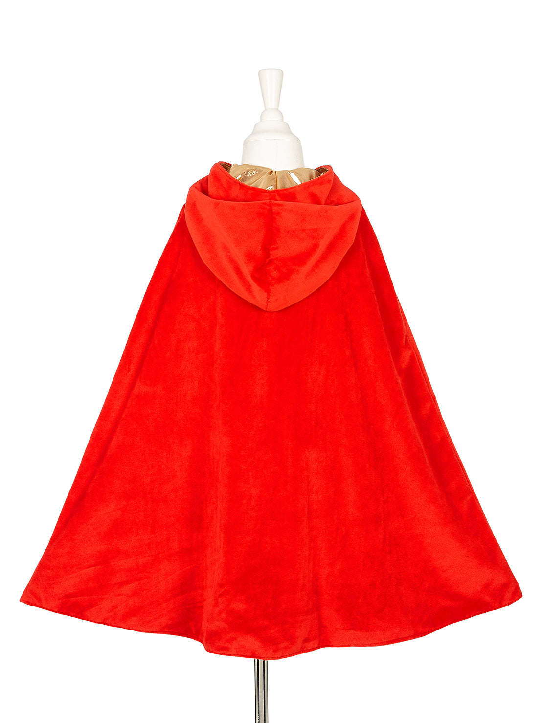 Back view of red hooded cape showing full length and drape