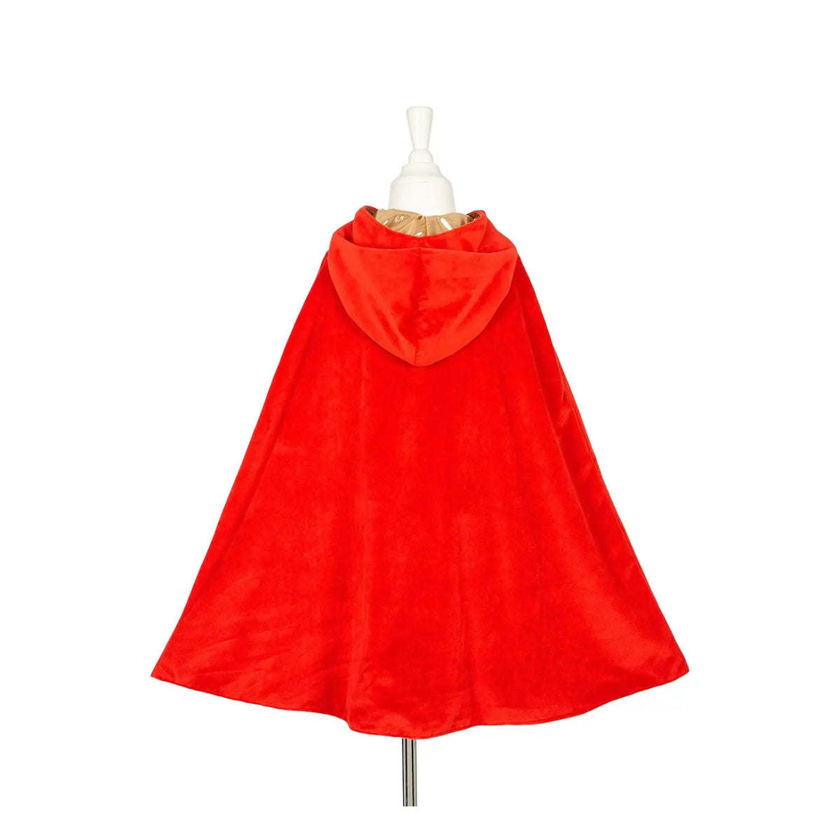 A red cape showing the back with a gold lining for kids to use in imaginary play or as a dress up costume