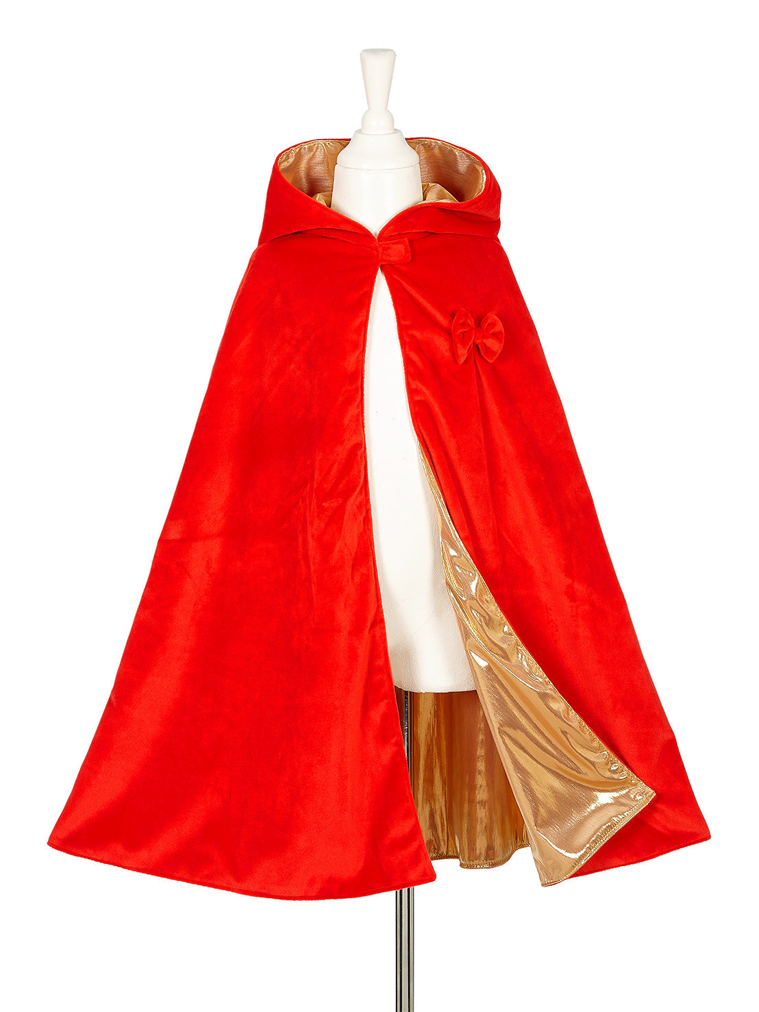 Red hooded dress-up cape for kids with flowing shape for imaginative play
