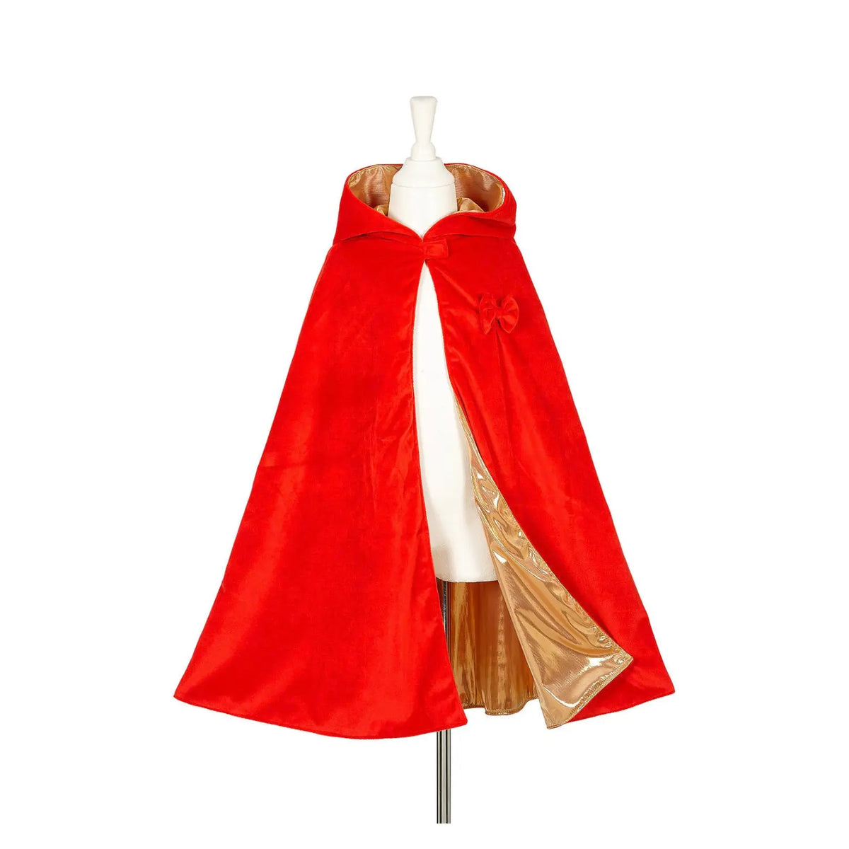 A bright red hooded cape with a shiny gold satin lining for kids to use in imaginary play or as a costume