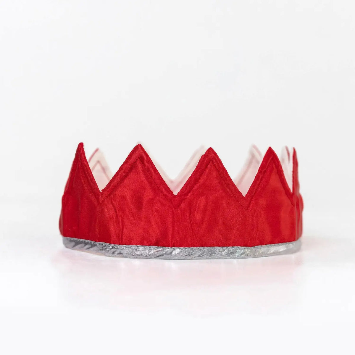 Red and silver satin dress-up crown with silver trim for imaginative dress-up play