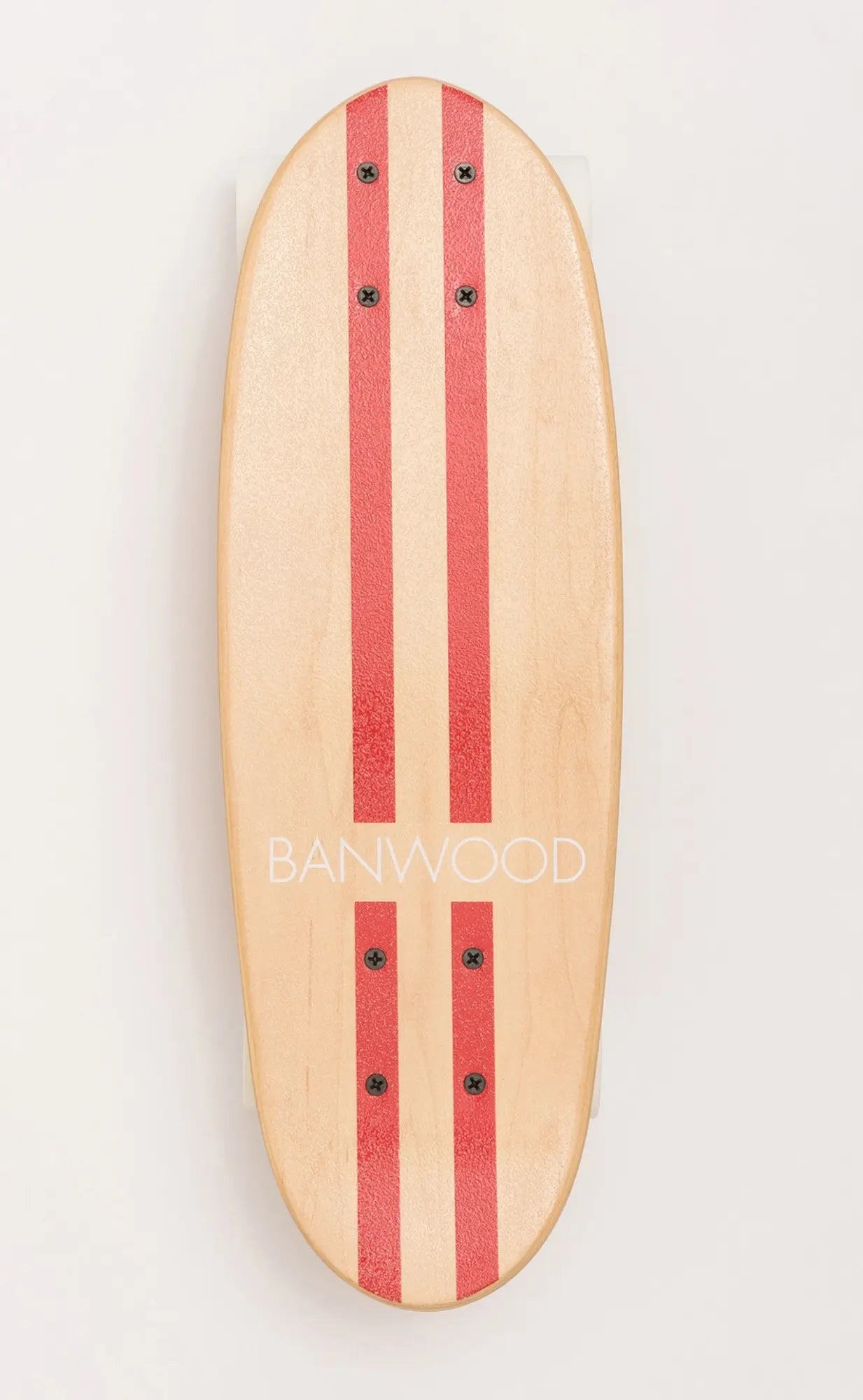 Wooden skateboard deck with red stripes and 'Banwood' branding on a light gray background