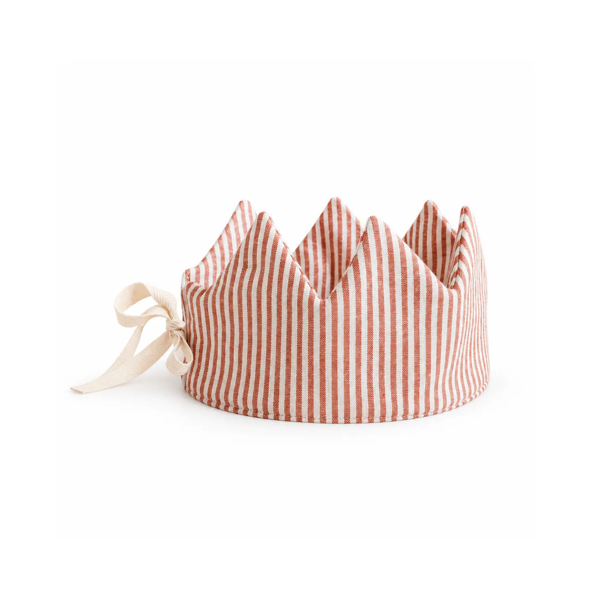 Red striped linen dress-up crown for children on a white background