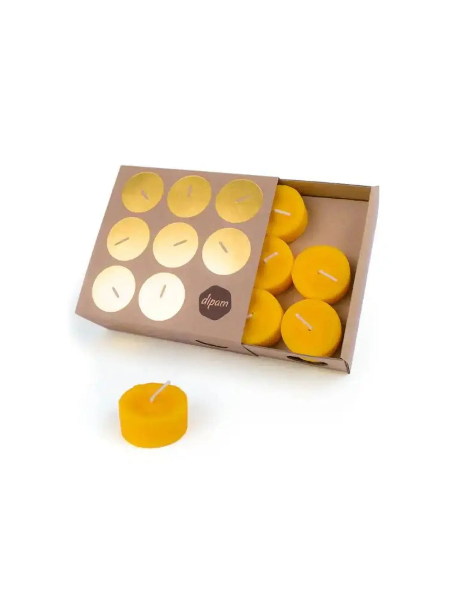 beeswax tealights by Dipam in a box on a white background