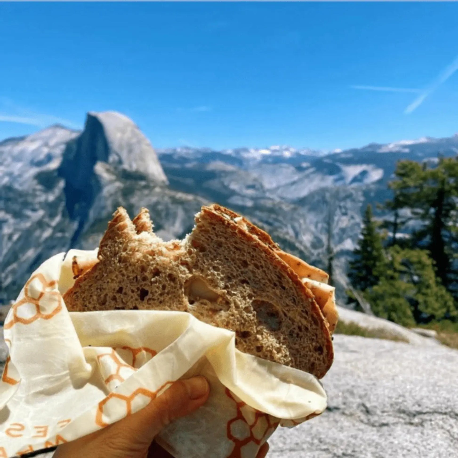 Sliced bread held in a reusable food wrap with a mountainous landscape in the background