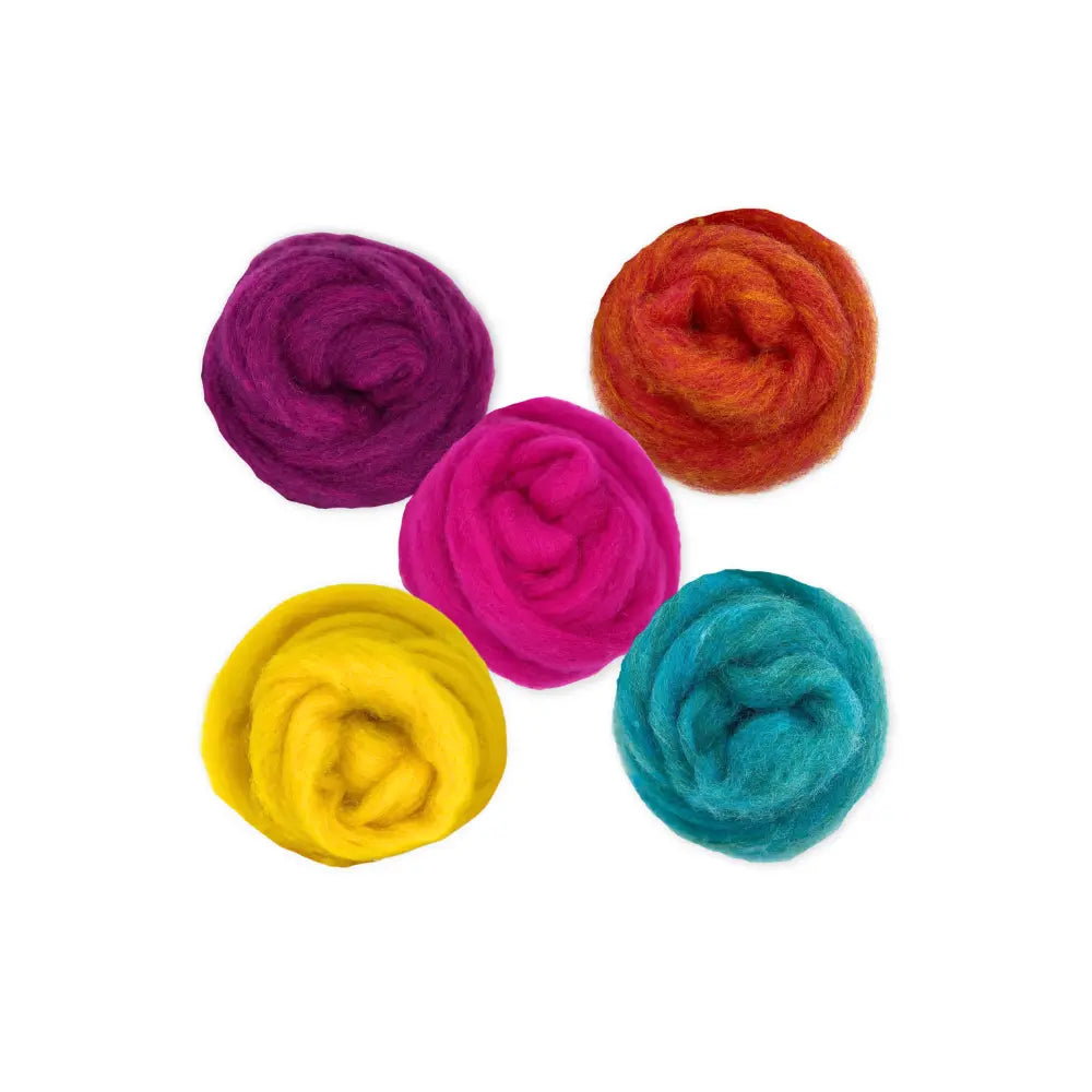 Five bright colored Corriedale wool sliver for felting projects