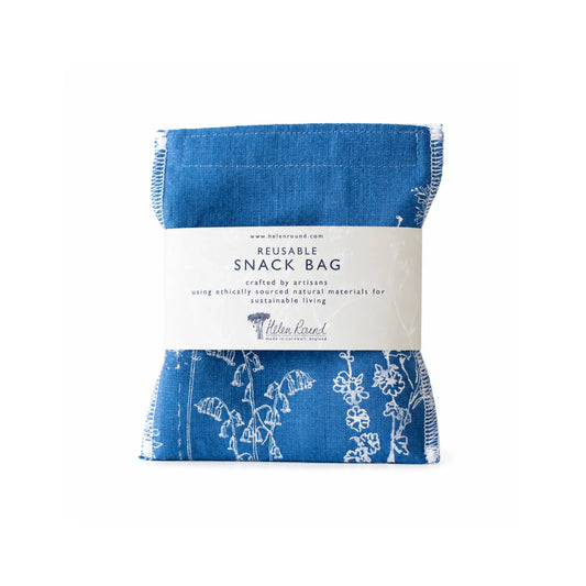 Reusable snack bag with floral design and visible branding on a white background
