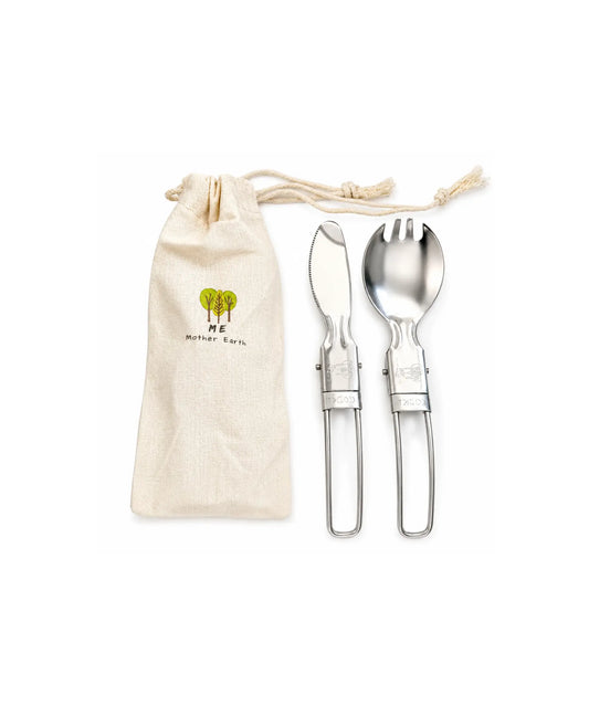 Stainless steel cutlery set with a drawstring bag on a white background