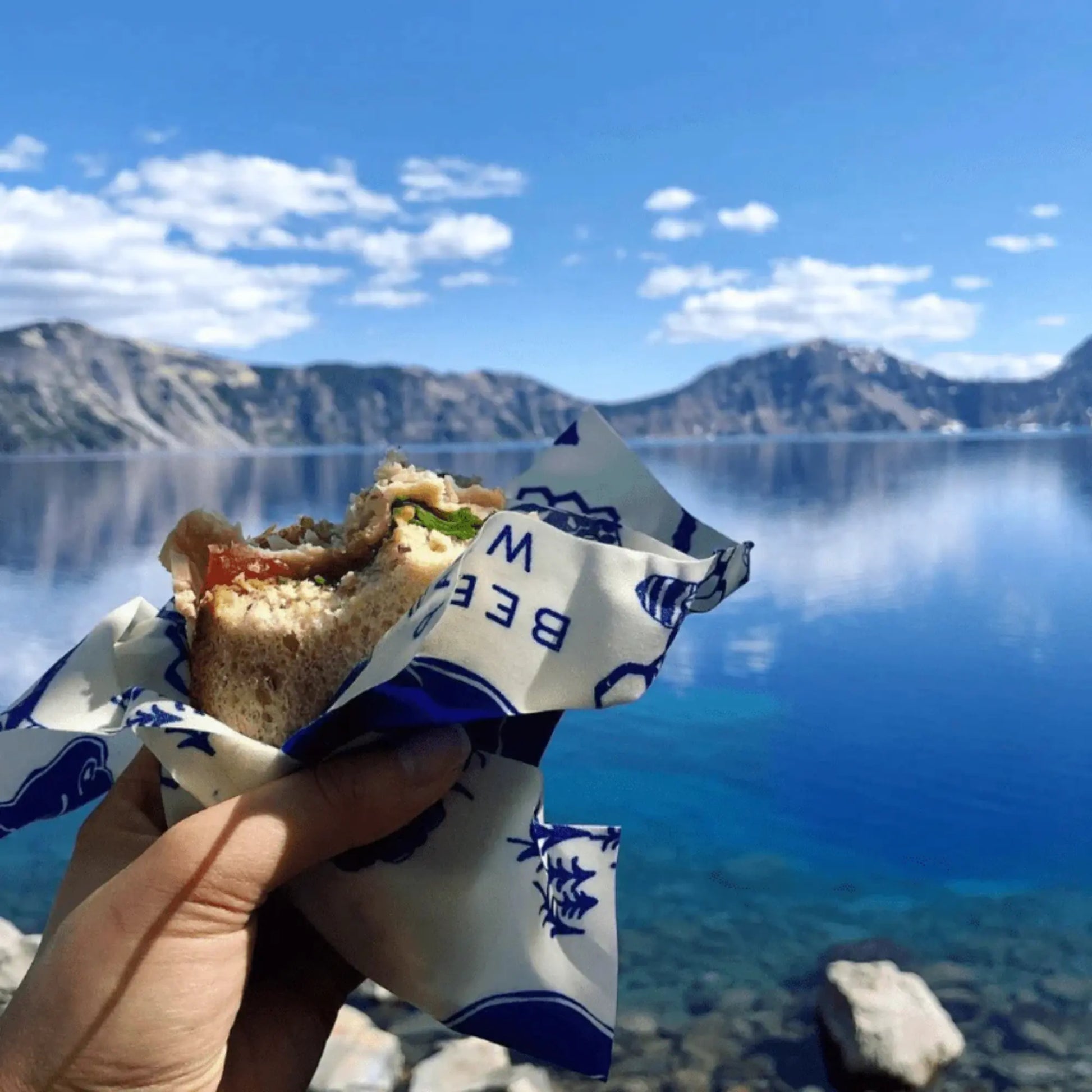 Hand holding a sandwich wrapped in a beswax wrap with blue text against a scenic backdrop of mountains and water.