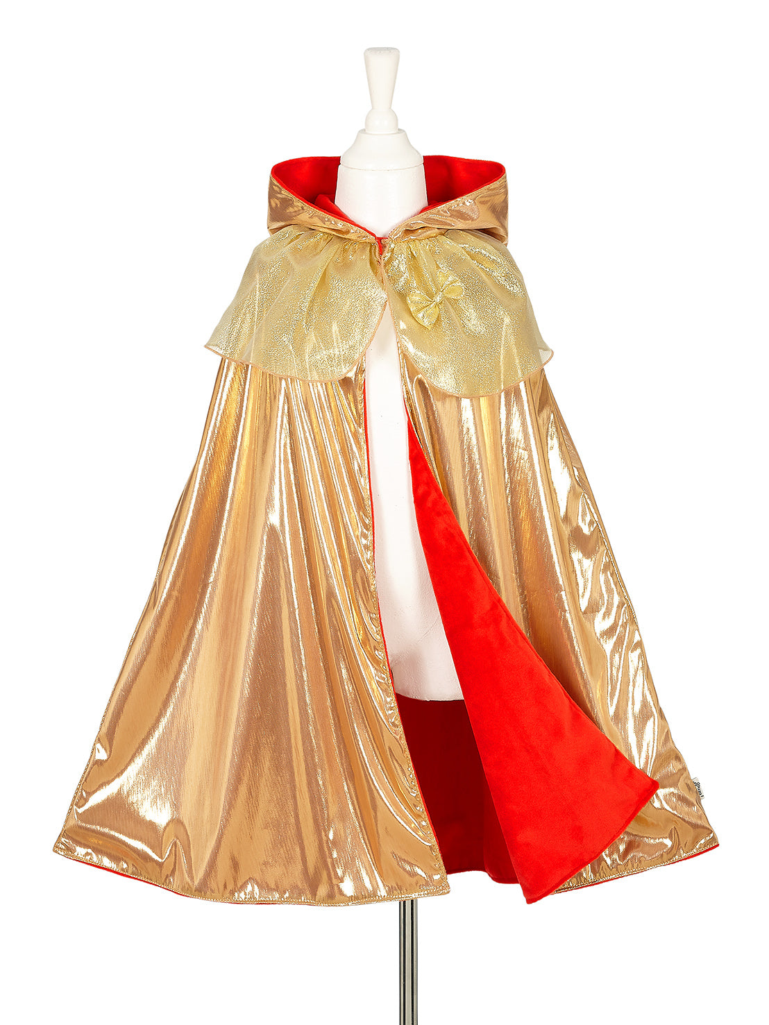 Gold and red reversible hooded cape for kids showing both fabric sides