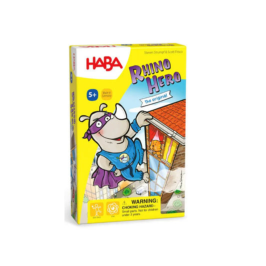 Rhino Hero stacking card game box with superhero rhino climbing cards