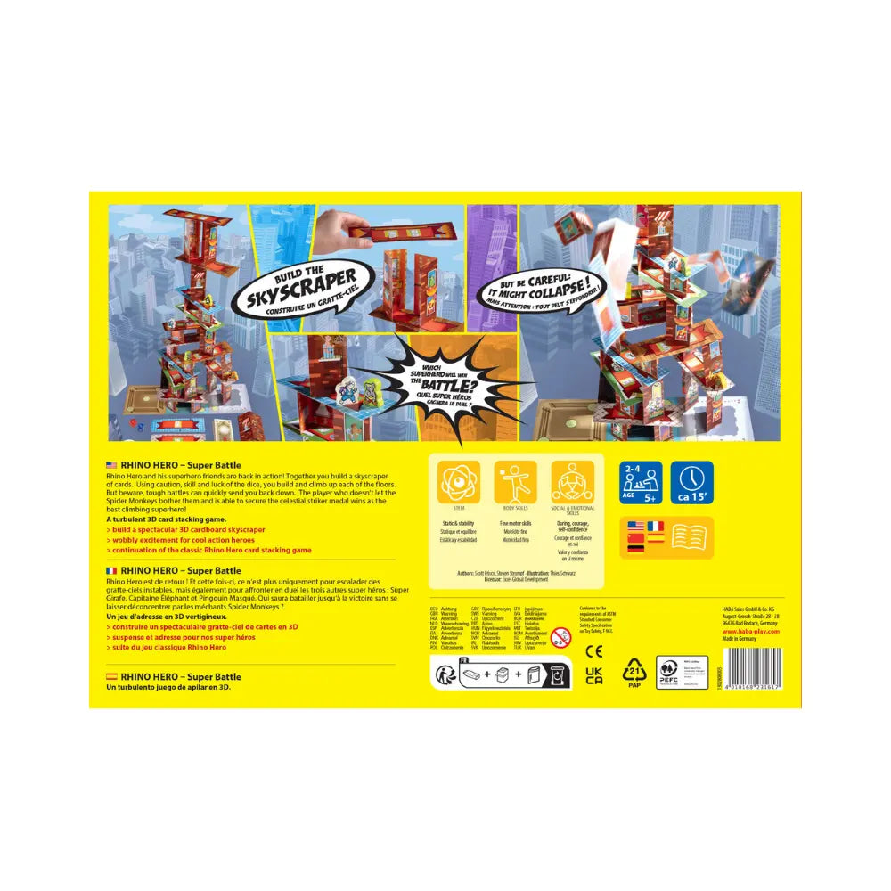 Rhino Hero Super Battle stacking card back of game box