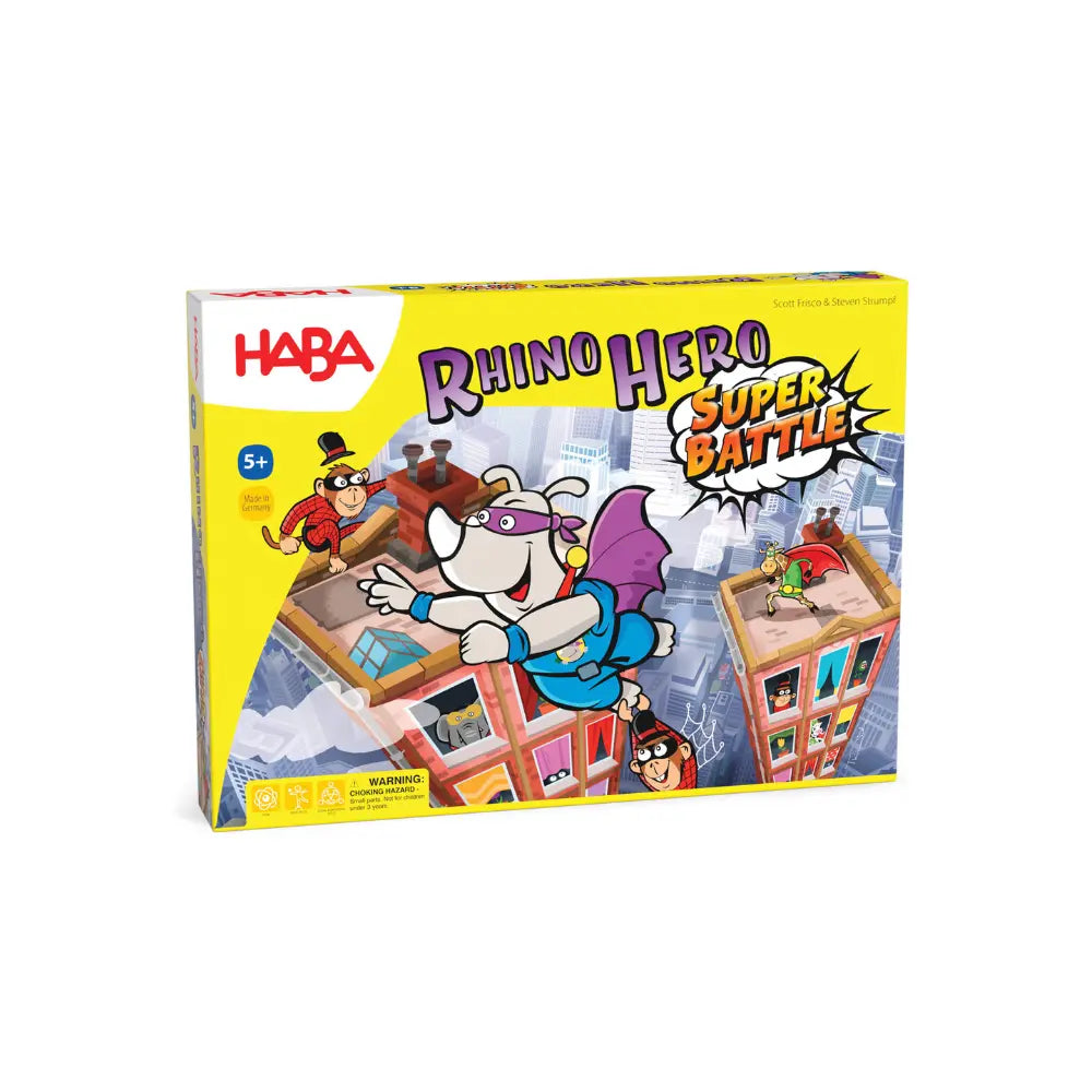 Rhino Hero Super Battle stacking card game box with superhero rhino climbing cards