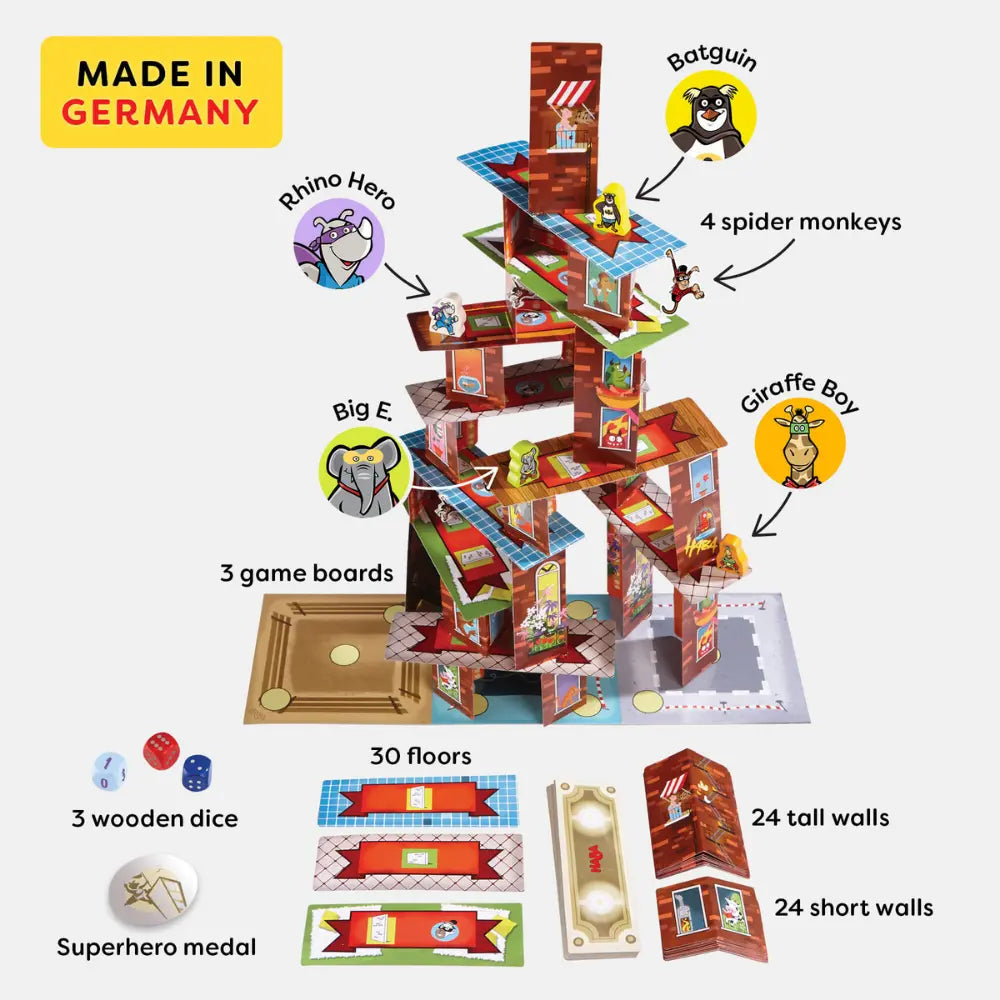 Rhino Hero Super Battle stacking card game with dice cards and pieces