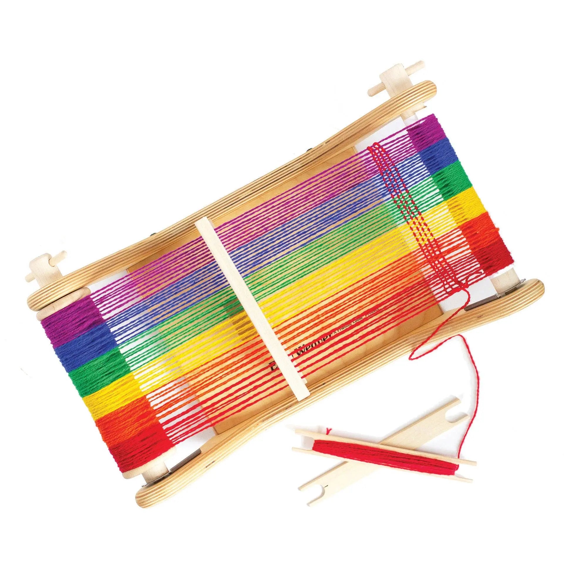 Rigid heddle loom kit with rainbow weaving project and wooden shuttles