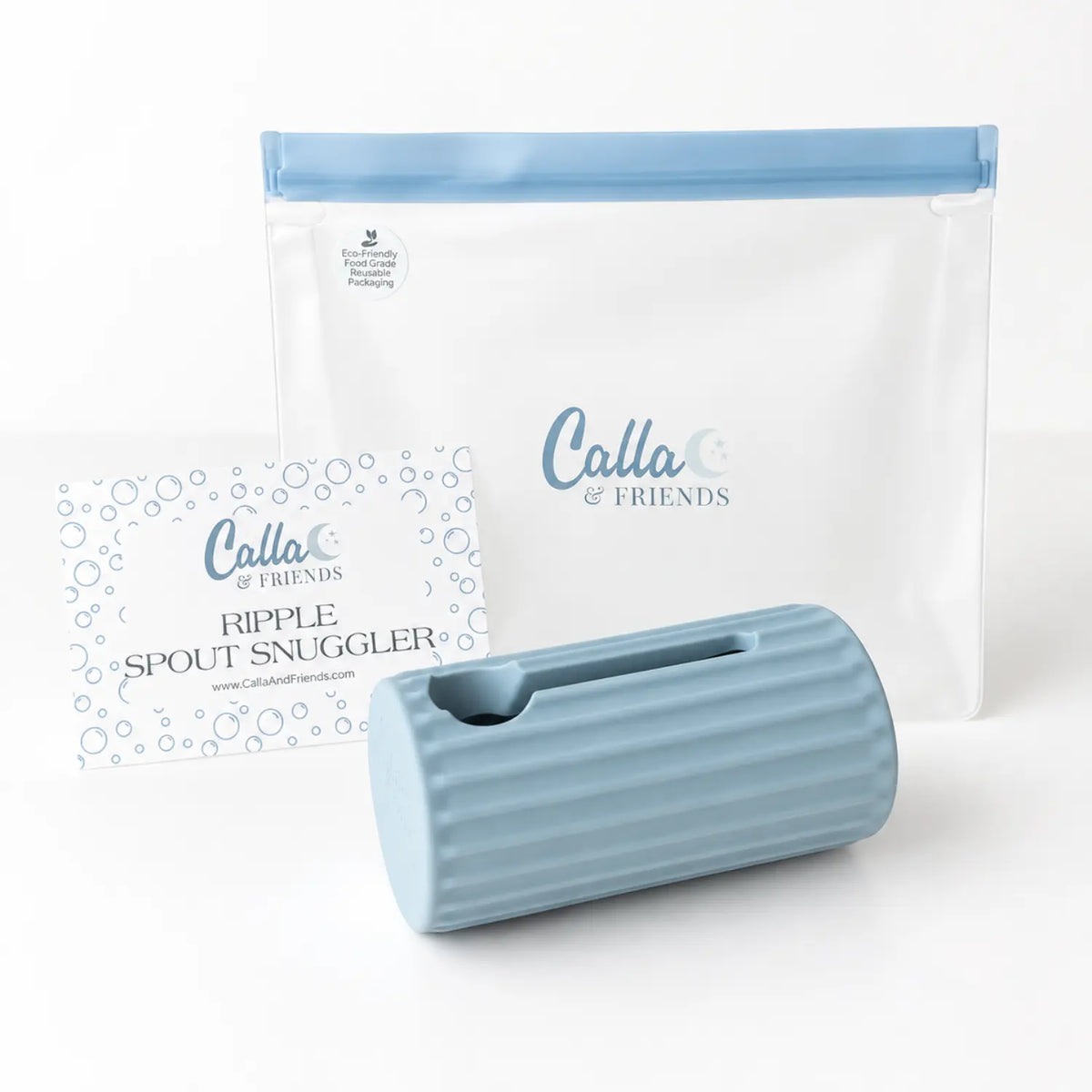 Powder blue Calla & Friends Ripple Spout Snuggler with reusable storage pouch and product card