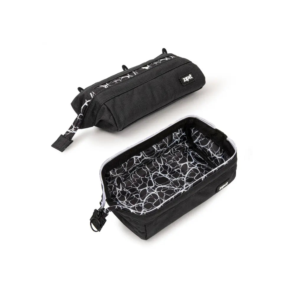 Black roomy pencil case with patterned interior for pencils, pens, and small school essentials