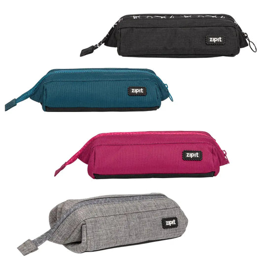 Roomy pencil case color options in teal, pink, gray, and black for school and travel