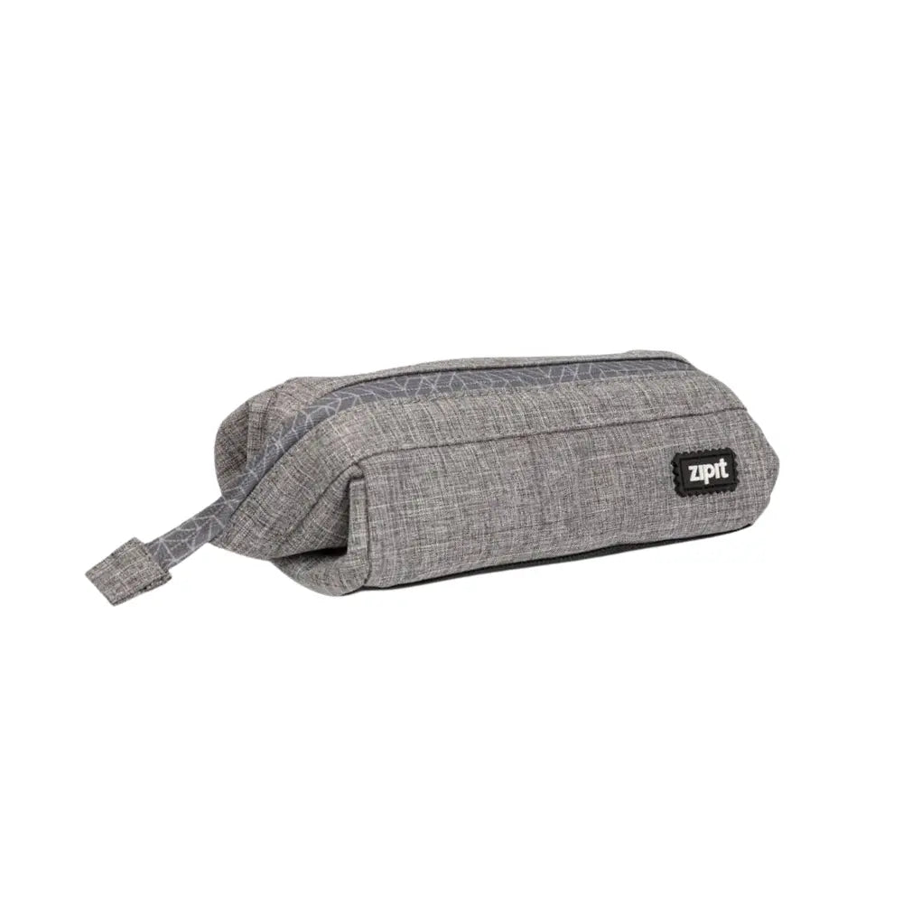 Gray roomy pencil case with wide zipper opening for pencils, erasers, scissors, and travel supplies