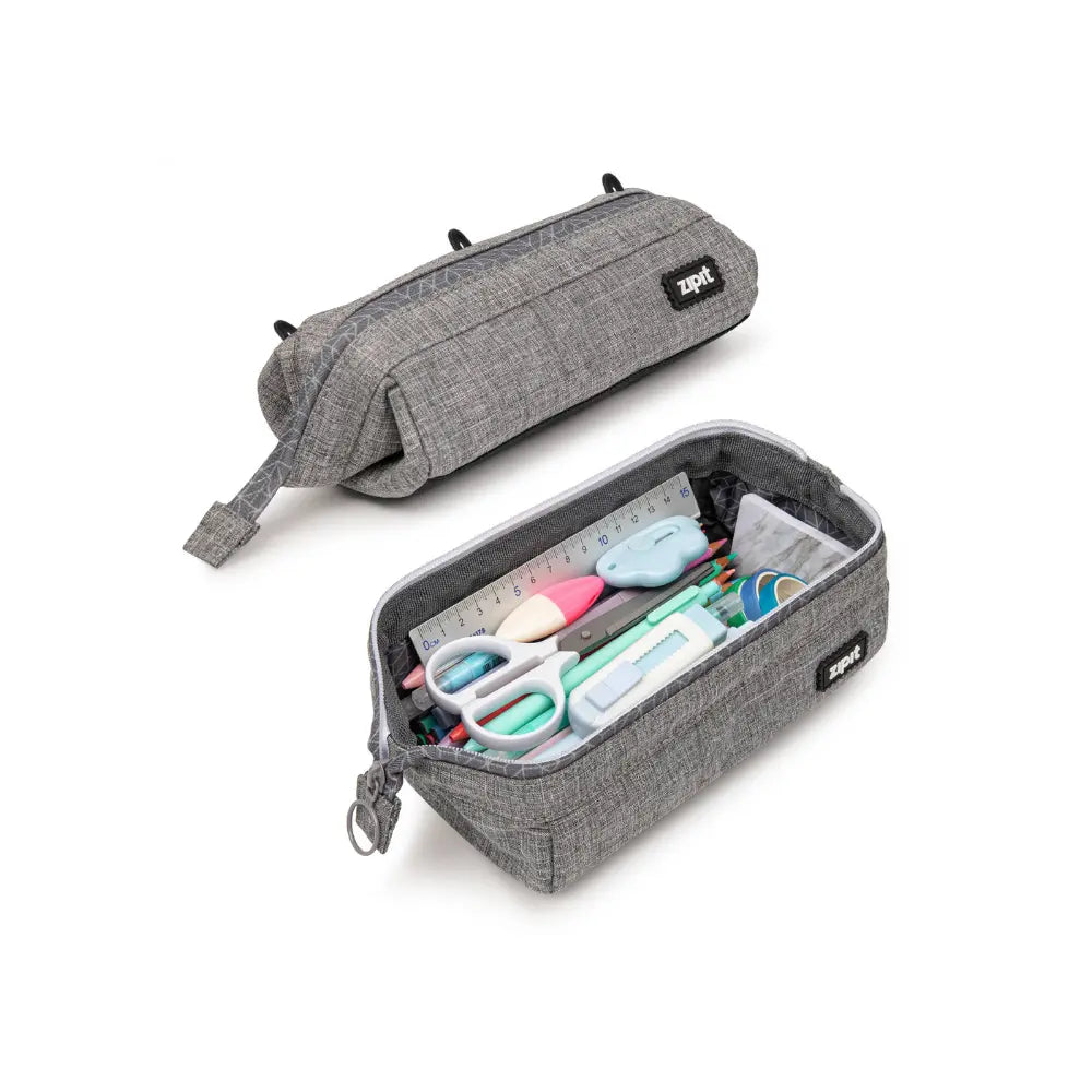 Gray roomy pencil case with structured opening for pencils, pens, scissors, and small school tools