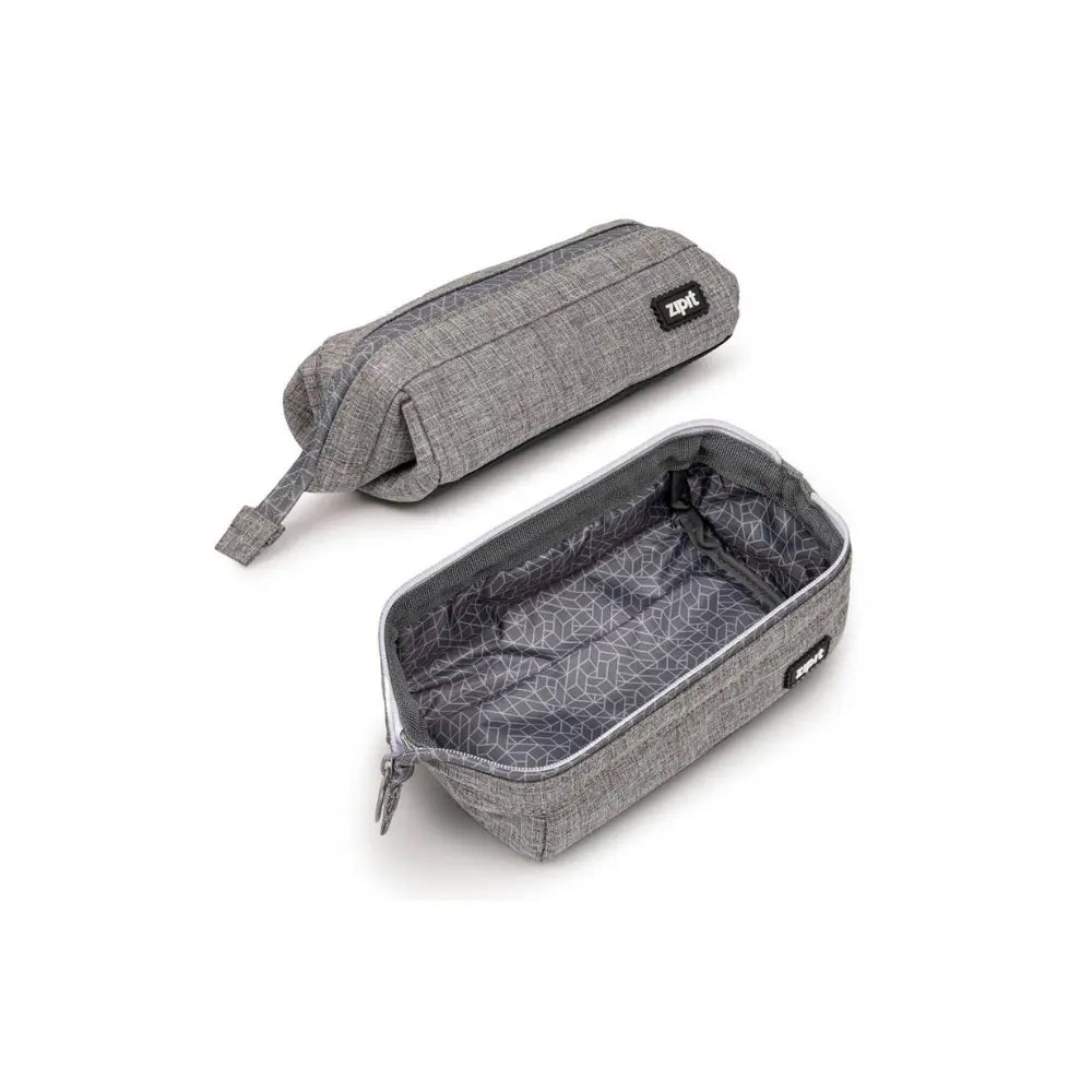 Gray roomy pencil case with wide zipper opening for pencils, erasers, scissors, and travel supplies