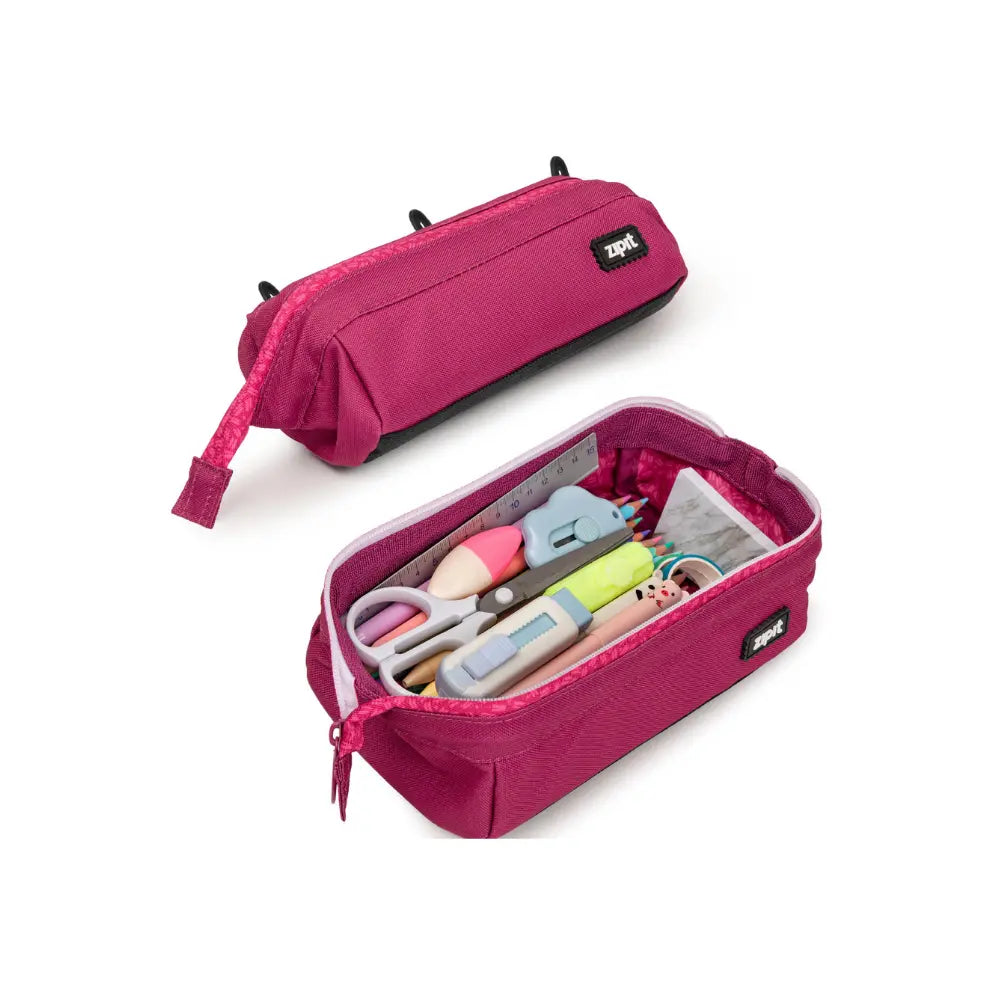 Pink roomy pencil case with structured opening for pencils, pens, scissors, and small school tools