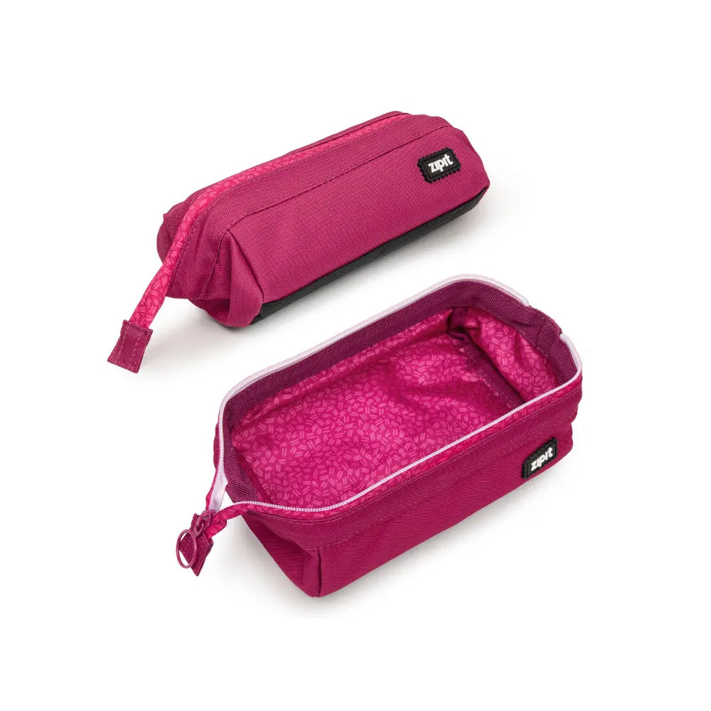 Pink roomy pencil case with wide zipper opening for pencils, erasers, scissors, and travel supplies