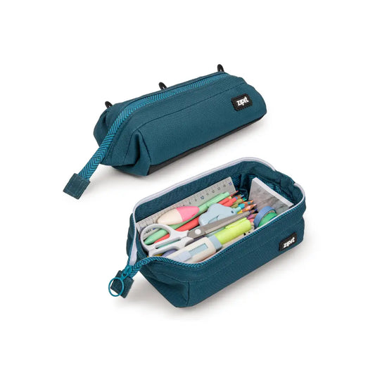 Roomy teal pencil case with wide opening holding pencils, scissors, ruler, and school supplies