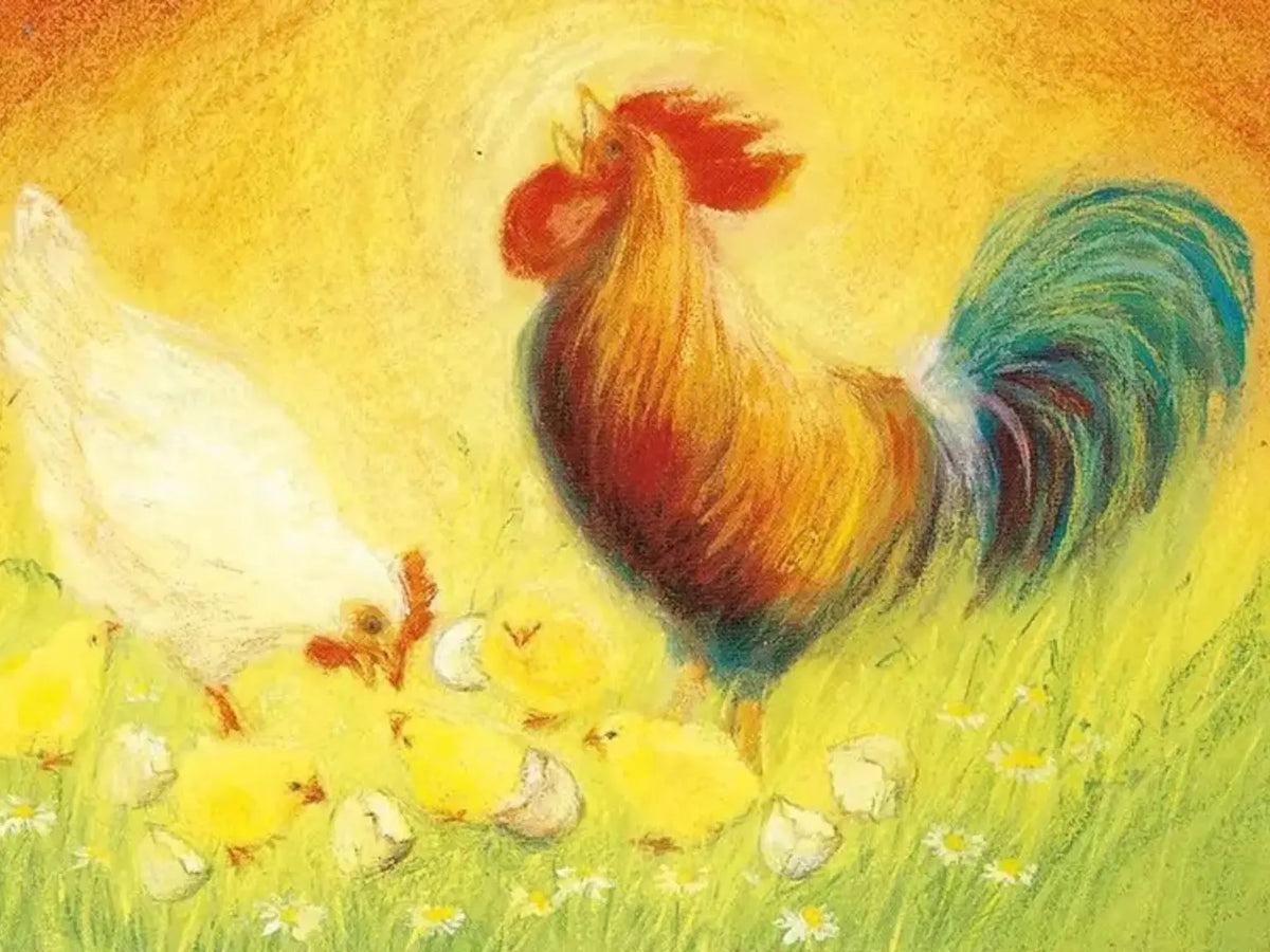 Colorful illustration of a rooster, hen and chicks on a yellow background by Marjan van Zeyl