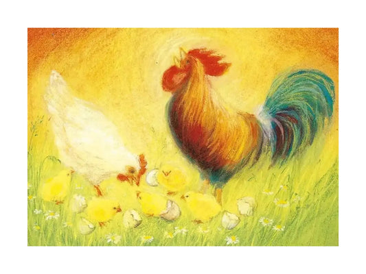 Rooster, Hen & Chicks Postcard by Marjan van Zeyl