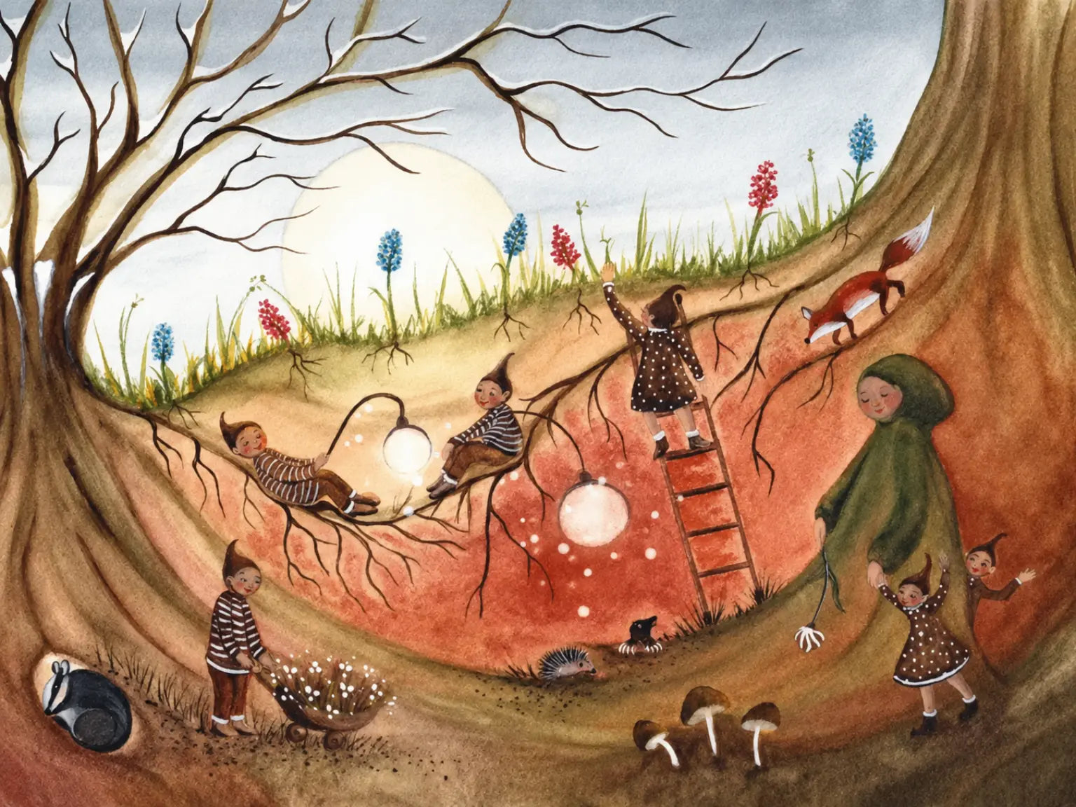 Root Children postcard by Bijdehansje showing Mother Earth, children, woodland animals, and spring bulbs beneath tree roots