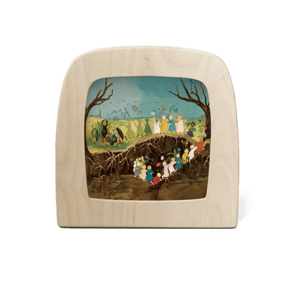 Root Children spring procession scene displayed in a wooden Toverlux Lamp