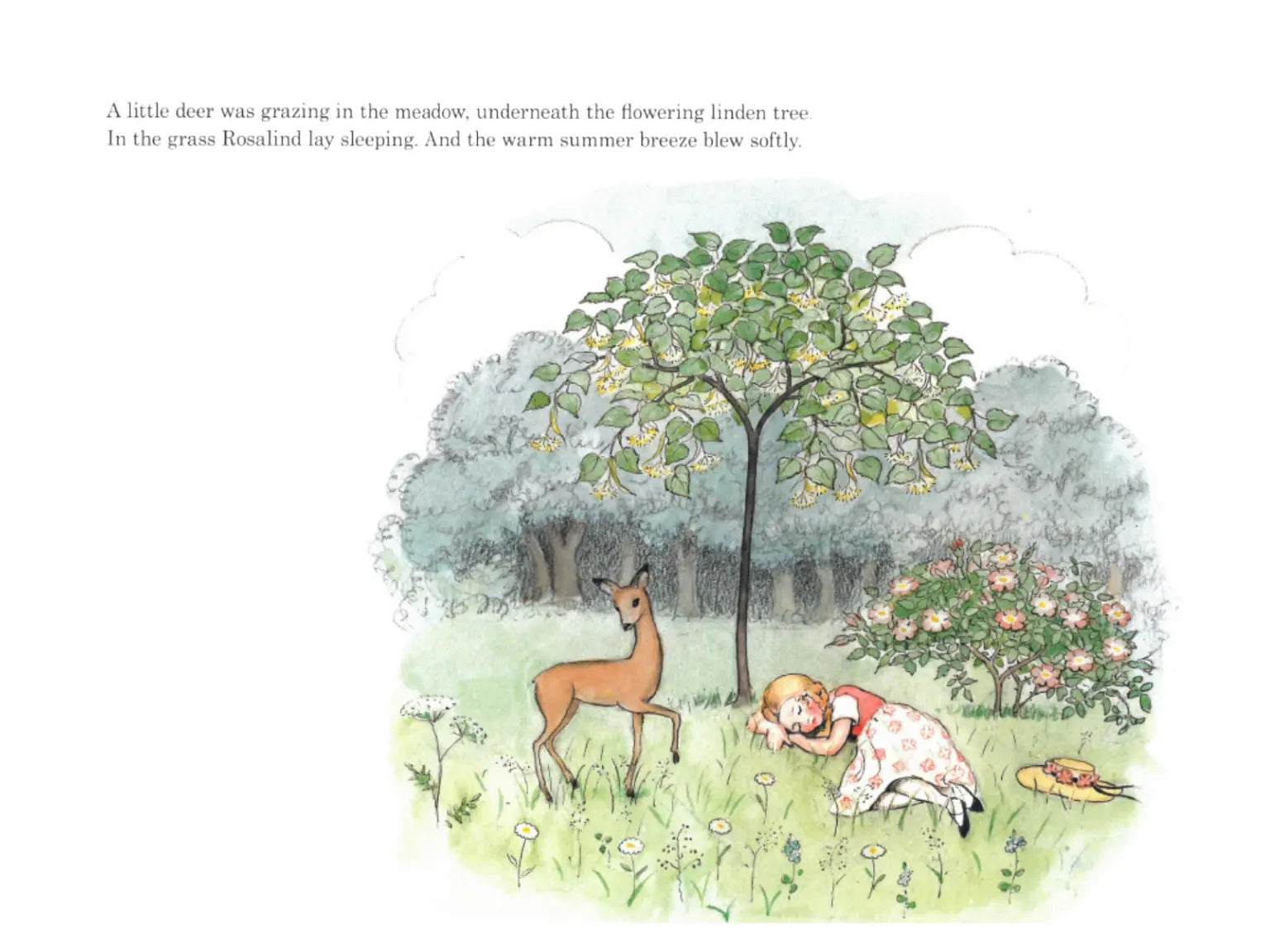 Illustration of a deer and a child under a flowering tree in a meadow.