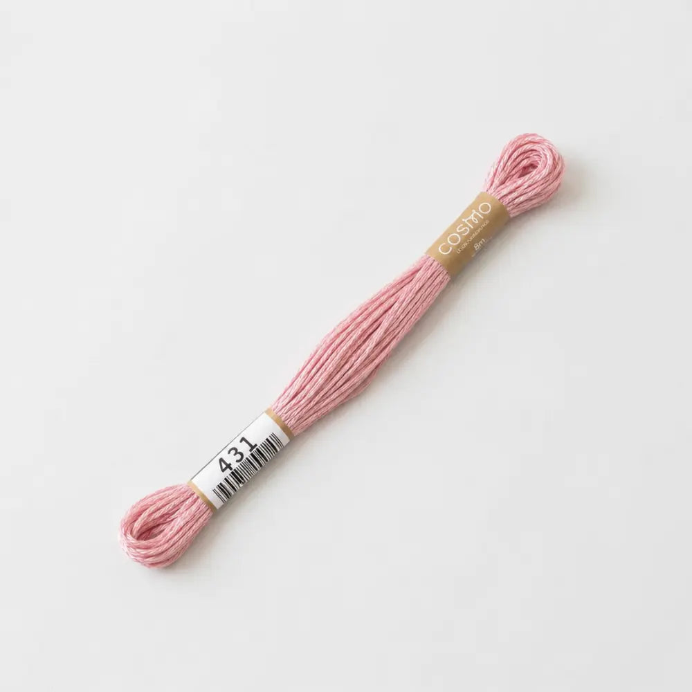 Pink embroidery floss with a label on a light gray background