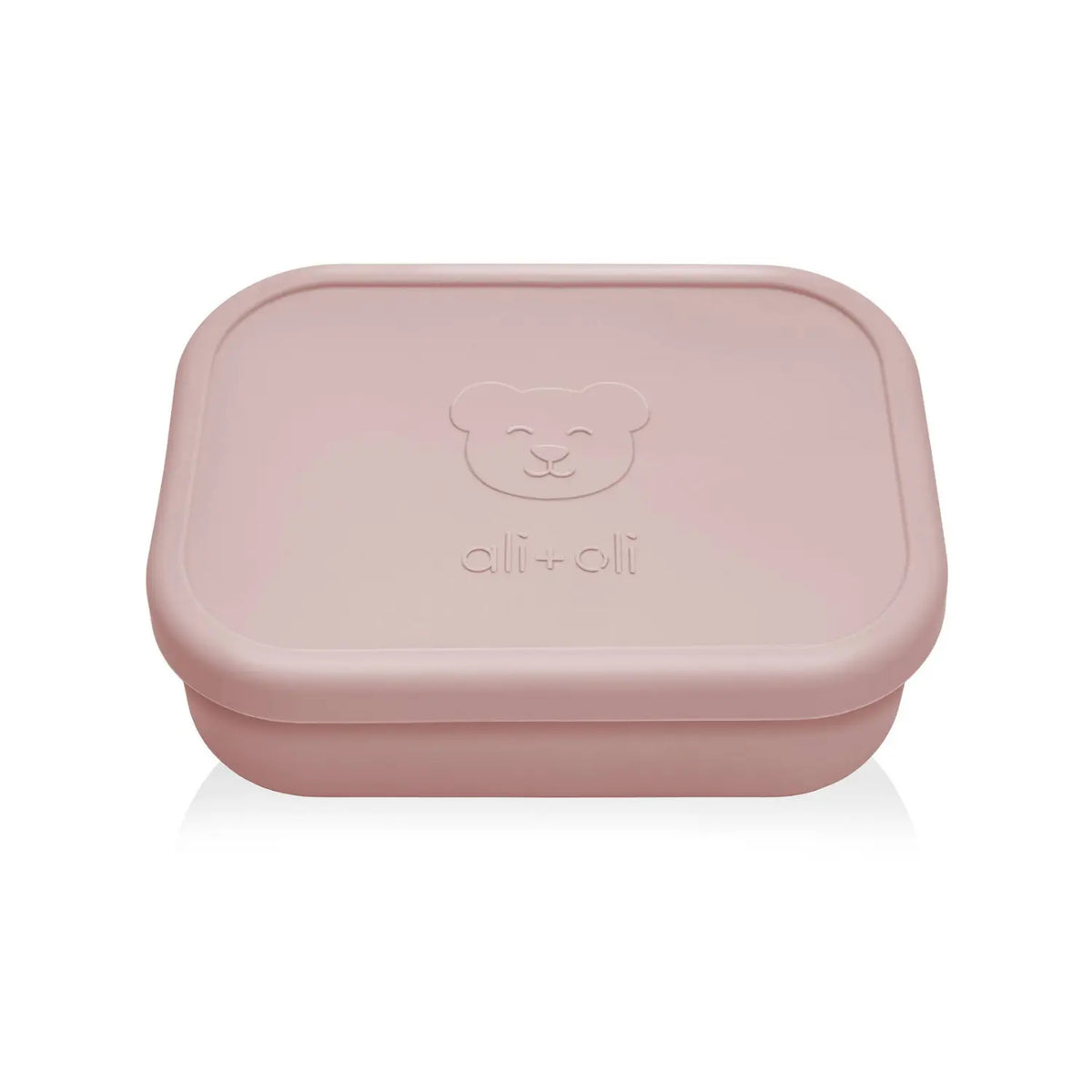 Closed rose pink bear silicone bento box with embossed bear design.