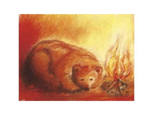 Bear from Rose Red and Snow White fairytale near a campfire on a red and yellow background